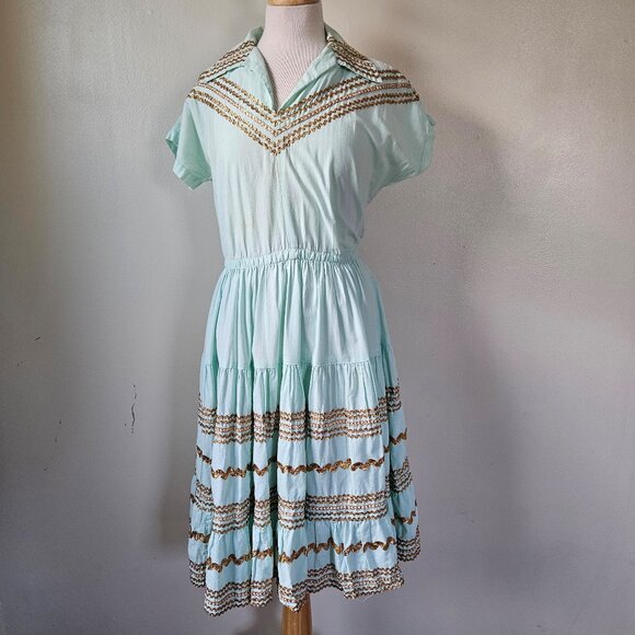 Vintage Dresses & Skirts - Vintage 50s 60s Blue Gold Patio Siesta Fiesta Squaw Southwestern Dress Medium